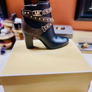 Michael Kors Black and Brown Heeled Boots with Gold Accents